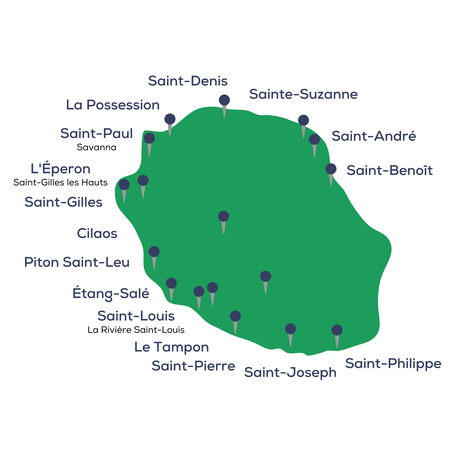 Une carte de La Réunion reflétant les pharmacies partenaires d'Olica